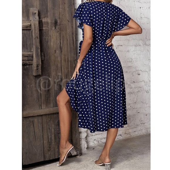 Navy Blue Polka Dot Midi Dress Faux Wrap Tie Side - Picture 3 of 6